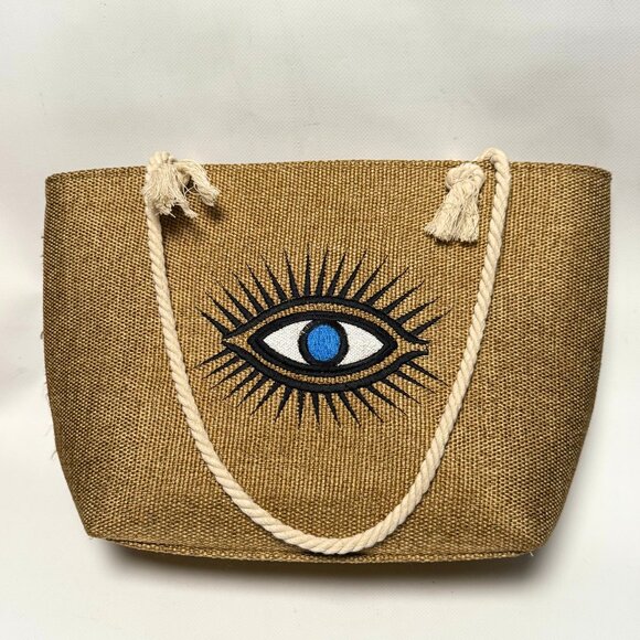 Syrian Woven Tote Bag – Brown Embroidered Evil Eye – Rope Handles – Like New - Picture 1 of 7